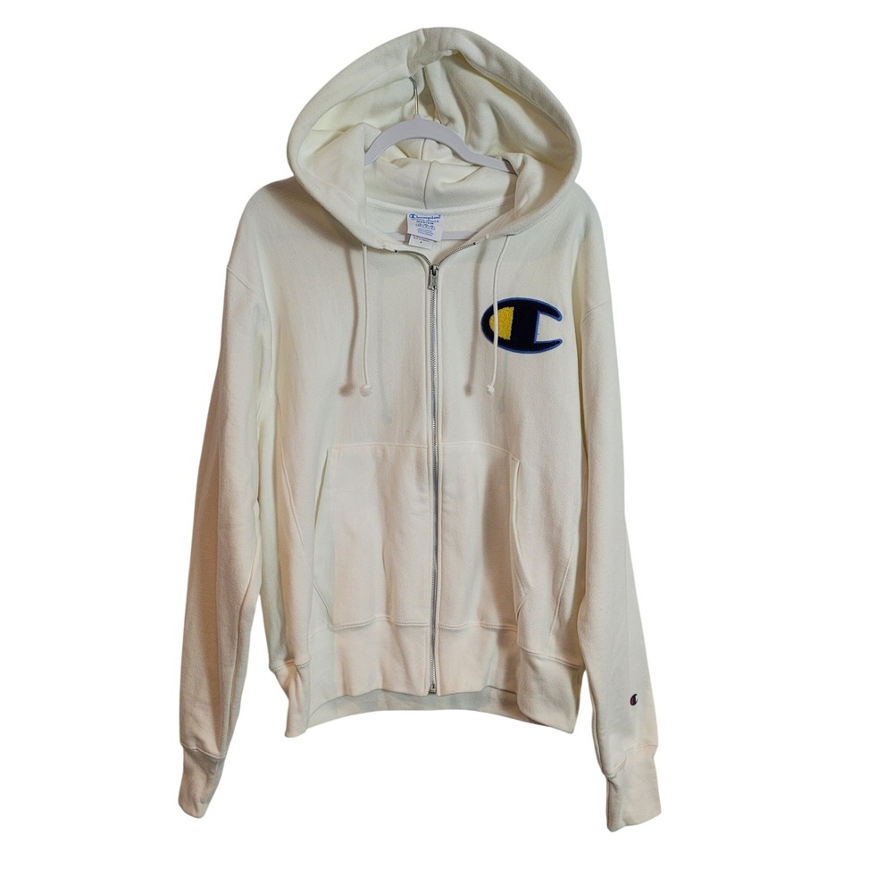 Champion Reverse Weave Zip Up Hoodie Cream Big C Chenille Logo Mens Medium Retro
